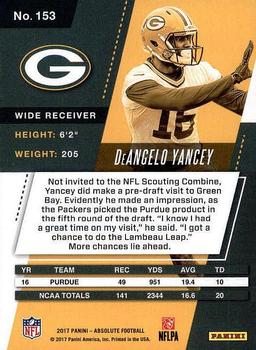 2017 Panini Absolute #153 DeAngelo Yancey Back