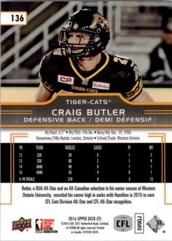 2016 Upper Deck CFL #136 Craig Butler Back