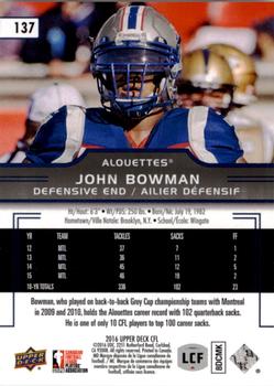 2016 Upper Deck CFL #137 John Bowman Back