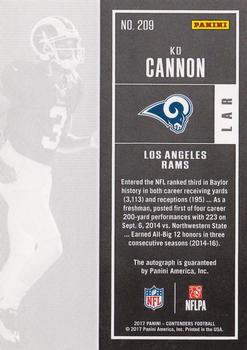 2017 Panini Contenders #209 KD Cannon Back