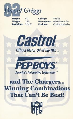1994 Castrol San Diego Chargers  #NNO David Griggs Back