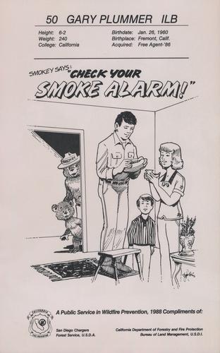 1988 San Diego Chargers Smokey #NNO Gary Plummer Back