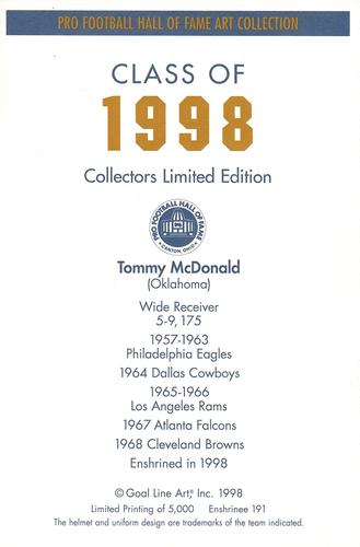 1998 Goal Line Hall of Fame Art Collection #191 Tommy McDonald Back