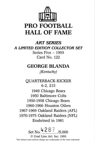1993 Goal Line Hall of Fame Art Collection #122 George Blanda Back