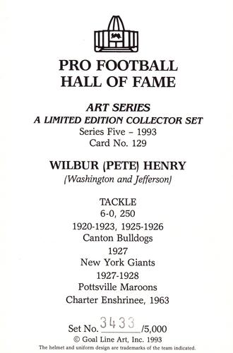 1993 Goal Line Hall of Fame Art Collection #129 Wilbur Henry Back