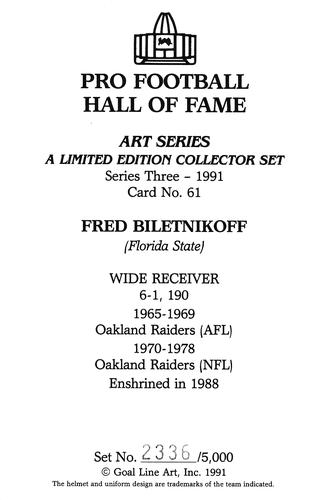 1991 Goal Line Hall of Fame Art Collection #61 Fred Biletnikoff Back