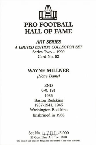 1990 Goal Line Hall of Fame Art Collection #52 Wayne Millner Back