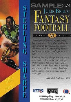1994 Playoff - Julie Bell's Fantasy Football Samples #6 Sterling Sharpe Back