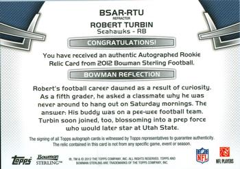 2012 Bowman Sterling - Autographed Rookie Relics Blue Refractors #BSAR-RTU Robert Turbin Back