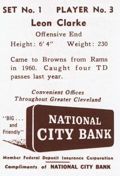 1961 National City Bank Cleveland Browns - Set No. 1 #3 Leon Clarke Back