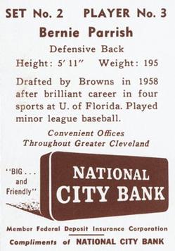 1961 National City Bank Cleveland Browns - Set No. 2 #3 Bernie Parrish Back