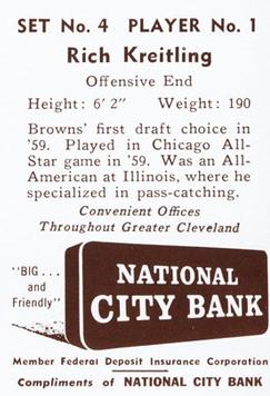 1961 National City Bank Cleveland Browns - Set No. 4 #1 Rich Kreitling Back