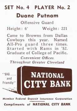 1961 National City Bank Cleveland Browns - Set No. 4 #2 Duane Putnam Back