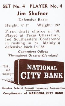 1961 National City Bank Cleveland Browns - Set No. 4 #4 Jim Shofner Back