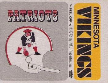 1973 Fleer Football Patches #NNO New England Patriots Helmet / Minnesota Vikings Name Front
