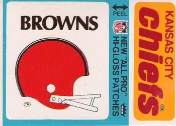 1976 Fleer Football Patches - High Gloss #NNO Cleveland Browns Helmet / Kansas City Chiefs Name Front