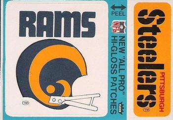 1976 Fleer Football Patches - High Gloss #NNO Los Angeles Rams Helmet / Pittsburgh Steelers Name Front