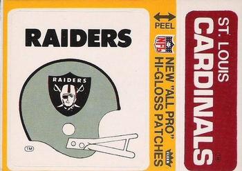 1976 Fleer Football Patches - High Gloss #NNO Oakland Raiders Helmet / St. Louis Cardinals Name Front