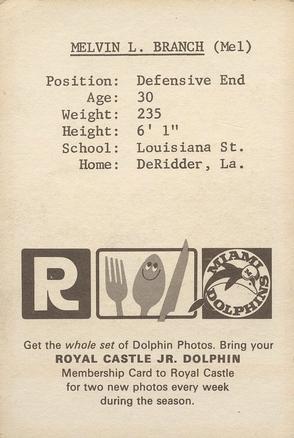 1967 Royal Castle Miami Dolphins #NNO Mel Branch Back