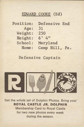 1967 Royal Castle Miami Dolphins #NNO Ed Cooke Back