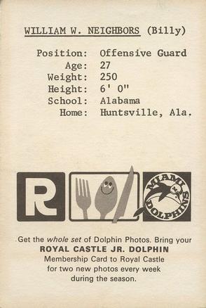 1967 Royal Castle Miami Dolphins #NNO Bill Neighbors Back