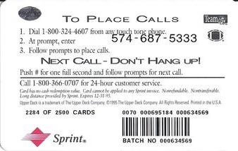 1995 Upper Deck GTE Phone Cards AFC #NNO Tim Brown Back