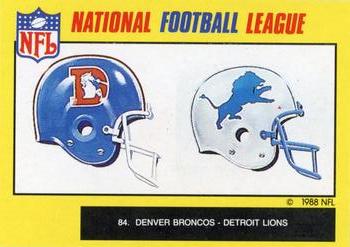 1988 Monty Gum NFL - Paper #84 Broncos and Lions helmets Front
