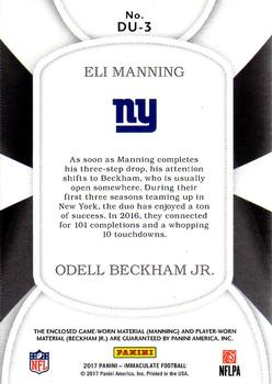 2017 Panini Immaculate Collection - Dual Prime Gold #DU-3 Odell Beckham Jr. / Eli Manning Back