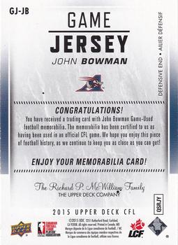 2015 Upper Deck CFL - Game Jersey #GJ-JB John Bowman Back