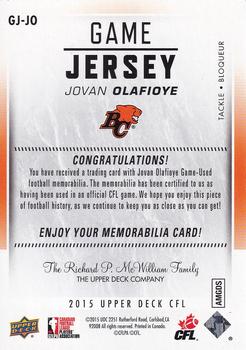 2015 Upper Deck CFL - Game Jersey #GJ-JO Jovan Olafioye Back