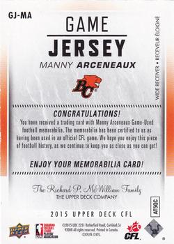 2015 Upper Deck CFL - Game Jersey #GJ-MA Manny Arceneaux Back