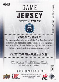 2015 Upper Deck CFL - Game Jersey #GJ-RF Ricky Foley Back
