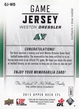 2015 Upper Deck CFL - Game Jersey #GJ-WD Weston Dressler Back