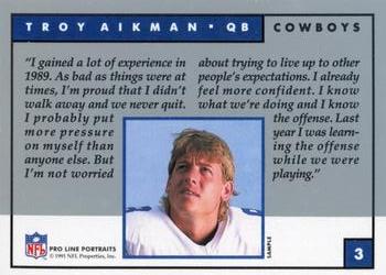 1991 Pro Line Portraits Samples #3 Troy Aikman Back
