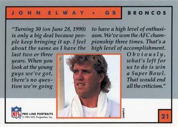 1991 Pro Line Portraits Samples #21 John Elway Back