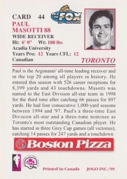 1999 JOGO Boston Pizza #44 Paul Masotti Back