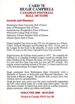2000 JOGO Hall of Fame E #7E Hugh Campbell Back