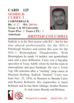 2001 JOGO #125 Sedrick Curry Back