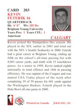 2001 JOGO #203 Kevin Feterik Back