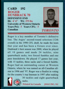 2002 JOGO #192 Roger Dunbrack Back