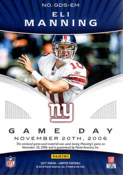 2017 Panini Limited - Game Day Swatches Prime #GDS-EM Eli Manning Back