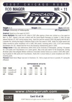 2007 MultiAd Chicago Rush (AFL) #10 Rob Mager Back