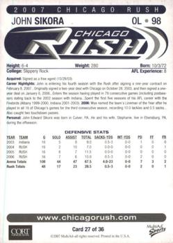2007 MultiAd Chicago Rush (AFL) #27 John Sikora Back