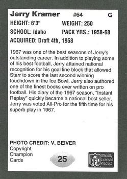 1991 Champion Cards Green Bay Packers Super Bowl II 25th Anniversary #25 Jerry Kramer Back