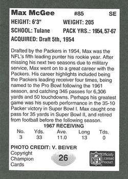 1991 Champion Cards Green Bay Packers Super Bowl II 25th Anniversary #26 Max McGee Back