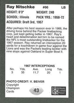 1991 Champion Cards Green Bay Packers Super Bowl II 25th Anniversary #43 Ray Nitschke Back