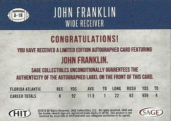2018 SAGE HIT - Autographs Red #A-18 John Franklin Back