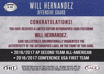 2018 SAGE HIT - Autographs Red #A-34 Will Hernandez Back