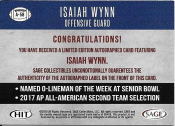 2018 SAGE HIT - Autographs Red #A-58 Isaiah Wynn Back