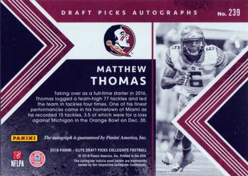 2018 Panini Elite Draft Picks - Draft Picks Autographs #239 Matthew Thomas Back